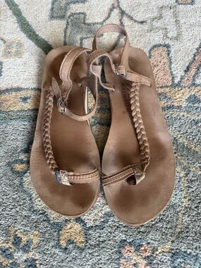 Rainbow Tan Braided Leather T-Strap Sandals